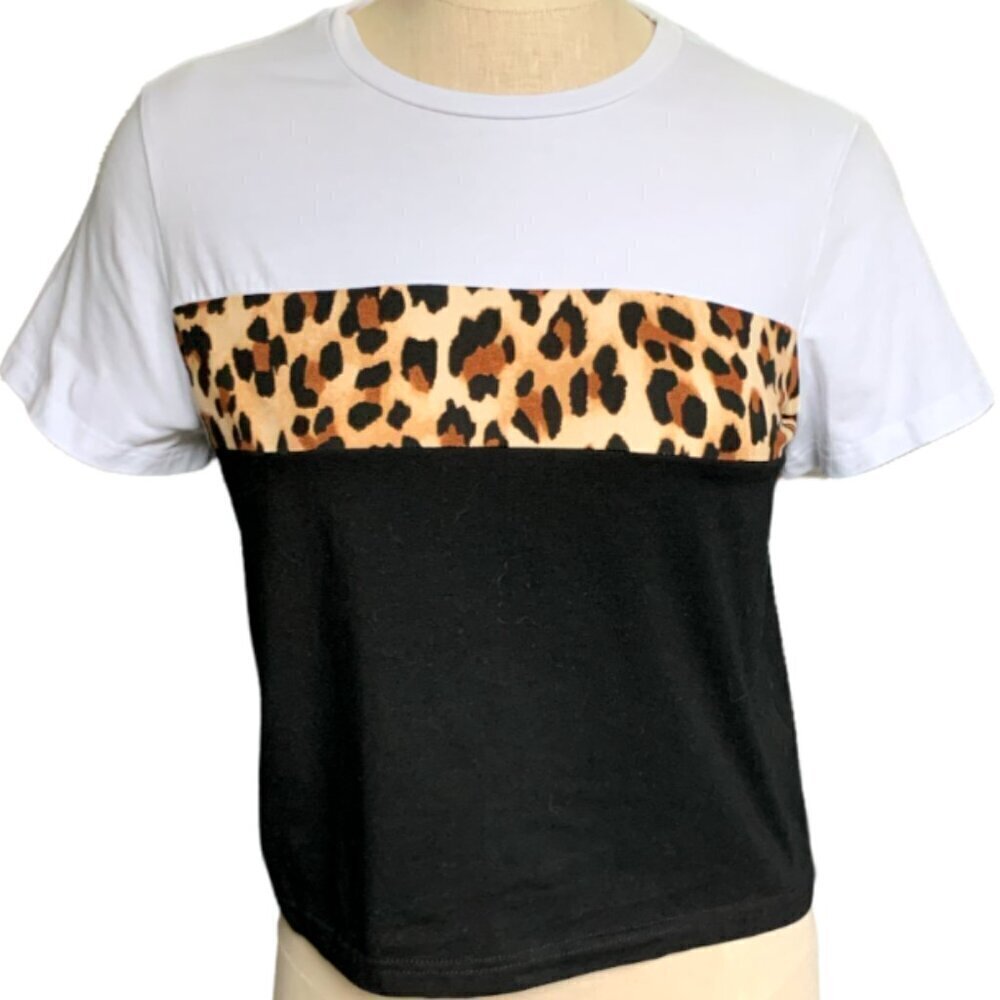 Hotouch‎ Cropped Boxy Tee Colorblock Leopard, Black, White M #39M